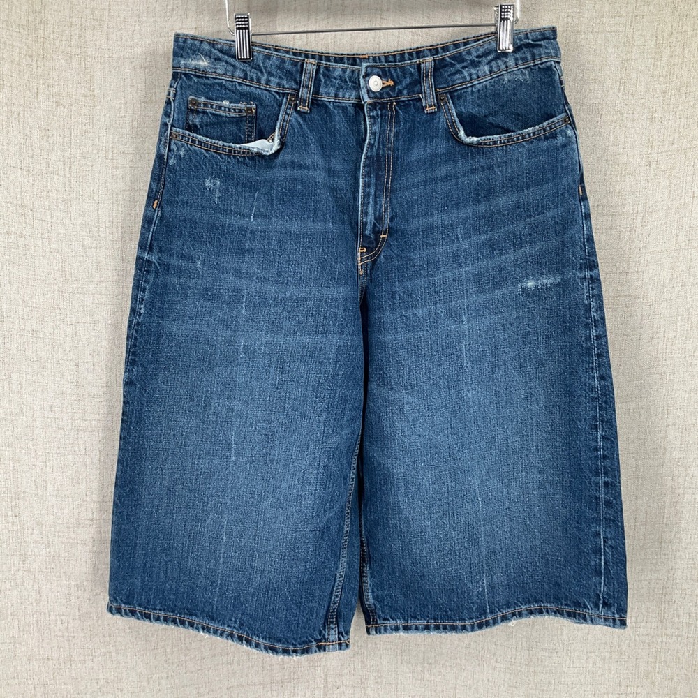 Zara Culotte Shorts Womens Size 8 Blue Distressed Wide Leg High Rise Y2K Boho